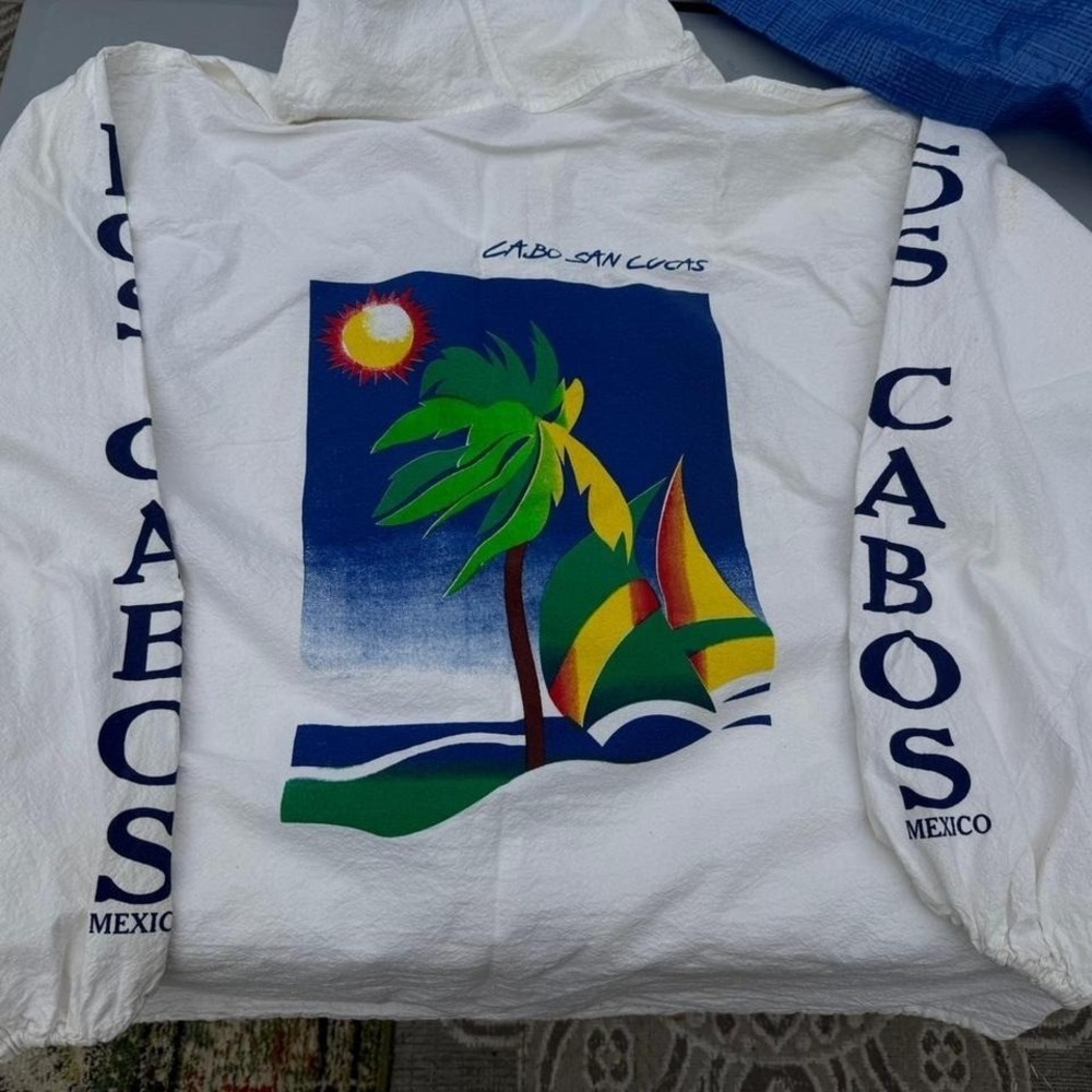 Vtg Cabo San Lucas Tourist Zip up Hooded Jacket 100% Cotton Spell out Sleeves